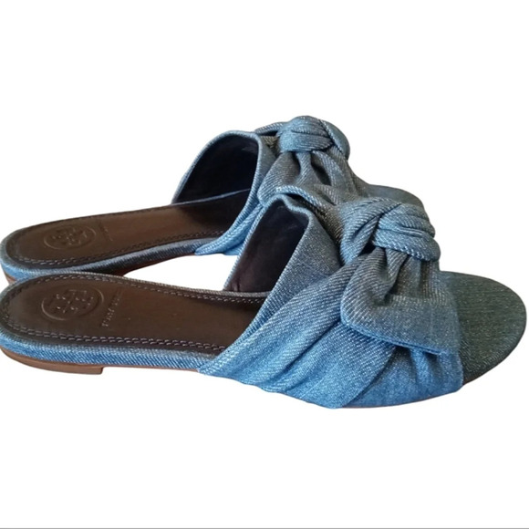 Tory Burch Annabelle Blue Denim Chambray Bow Detail Slide Sandals Size 5.5 New - Picture 4 of 9